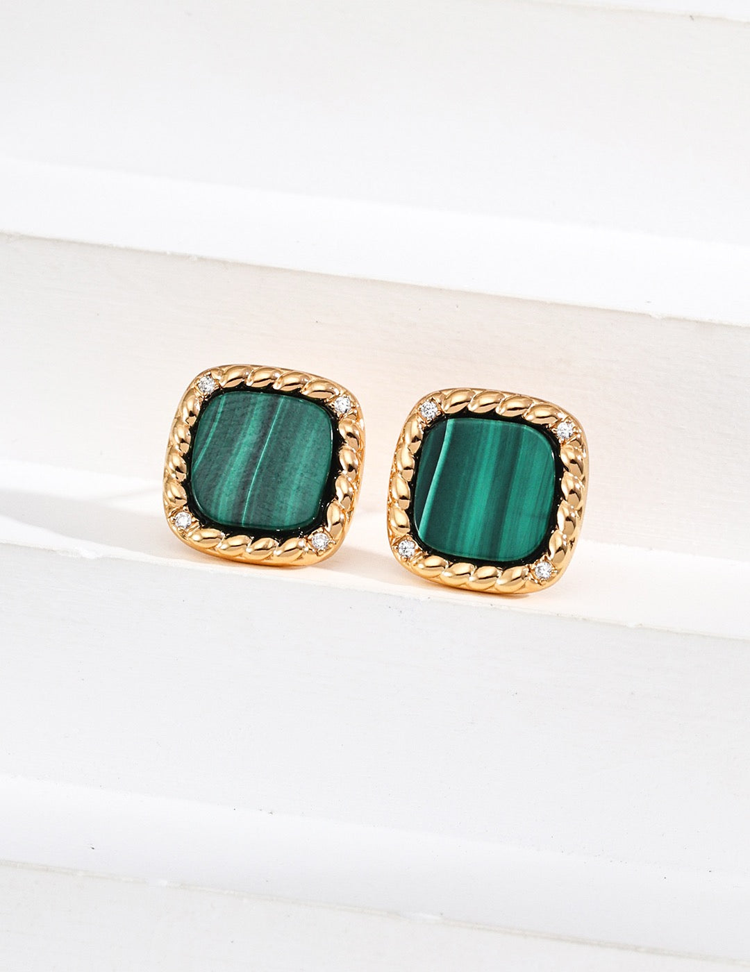 Vintage Gold Malachite & Zircon Pendant Earrings