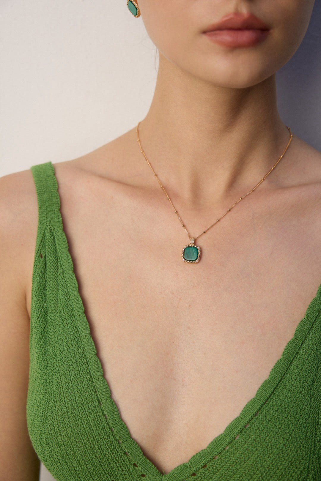 Vintage Gold Malachite & Zircon Pendant Earrings