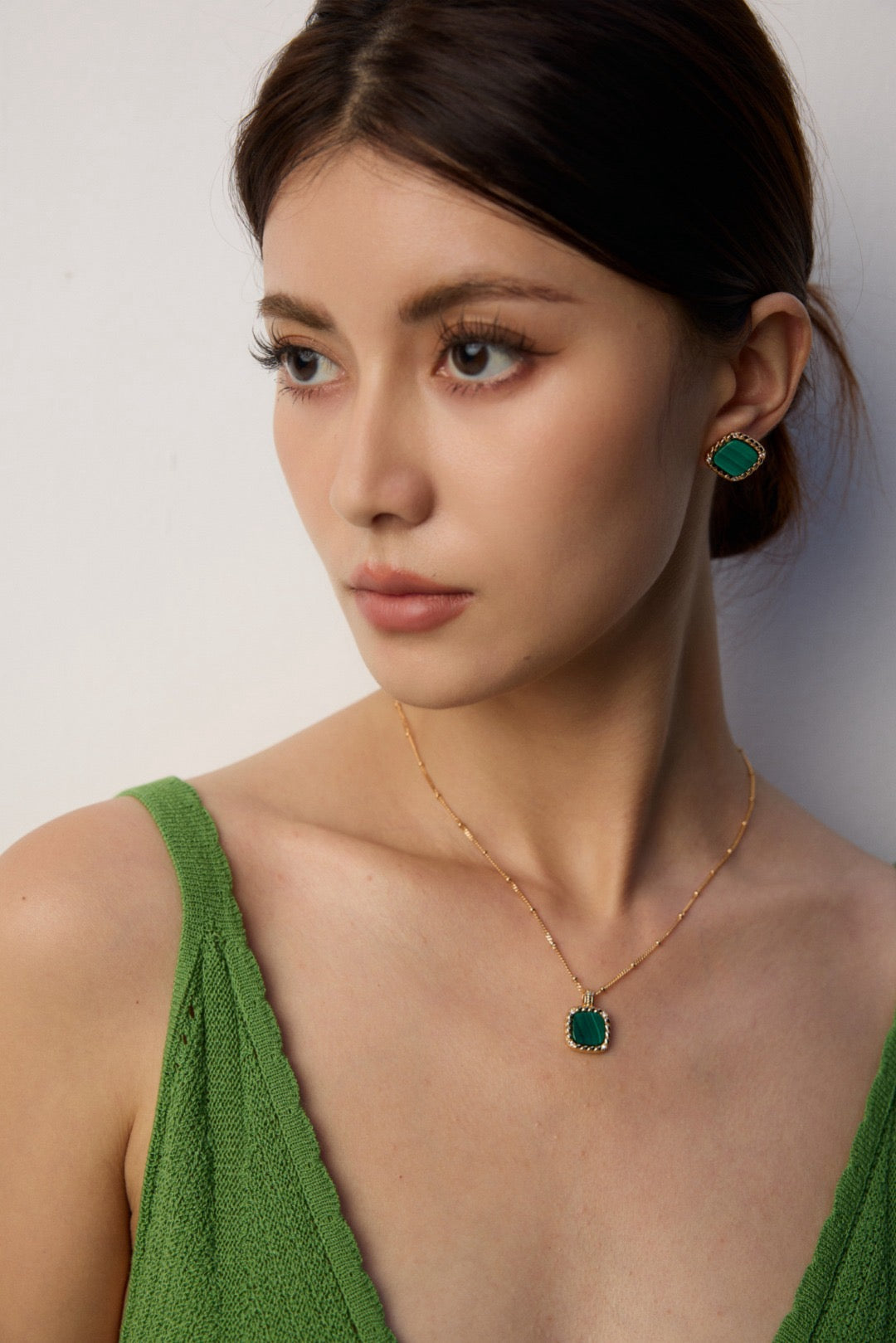 Vintage Gold Malachite & Zircon Pendant Earrings