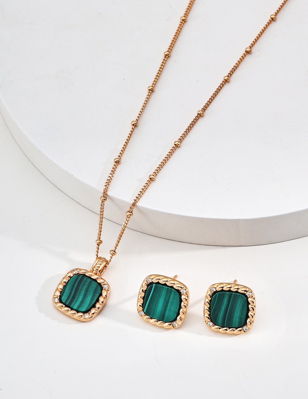 Vintage Gold Malachite & Zircon Pendant Earrings