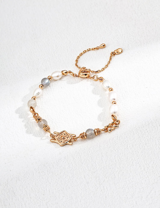Natural Pearls & Grey Moonstone Bracelet – Adjustable Chain