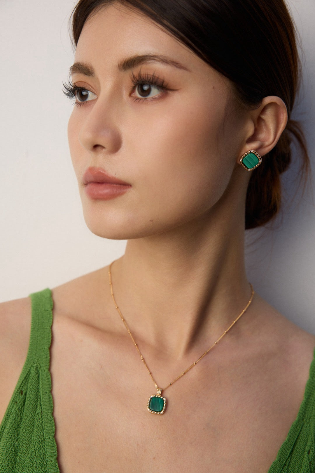 Vintage Gold Malachite & Zircon Pendant Necklace