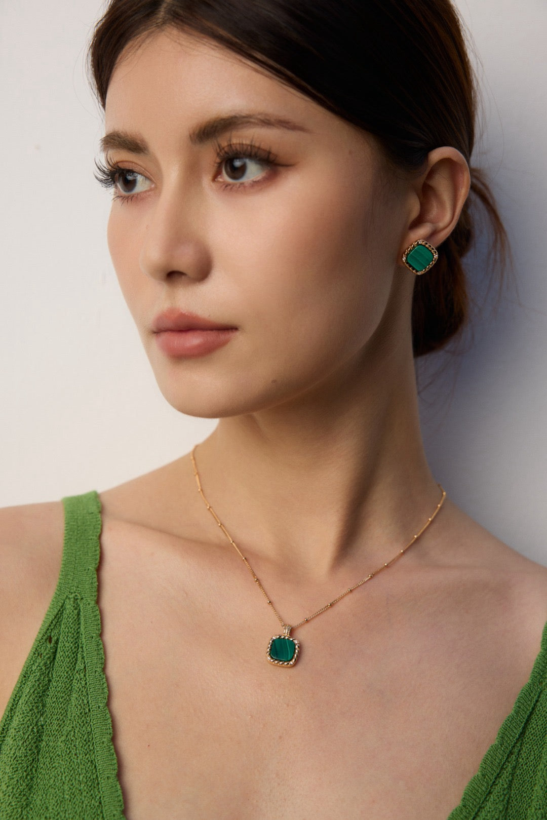 Vintage Gold Malachite & Zircon Pendant Necklace