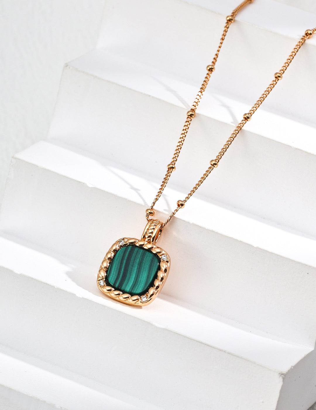 Vintage Gold Malachite & Zircon Pendant Necklace