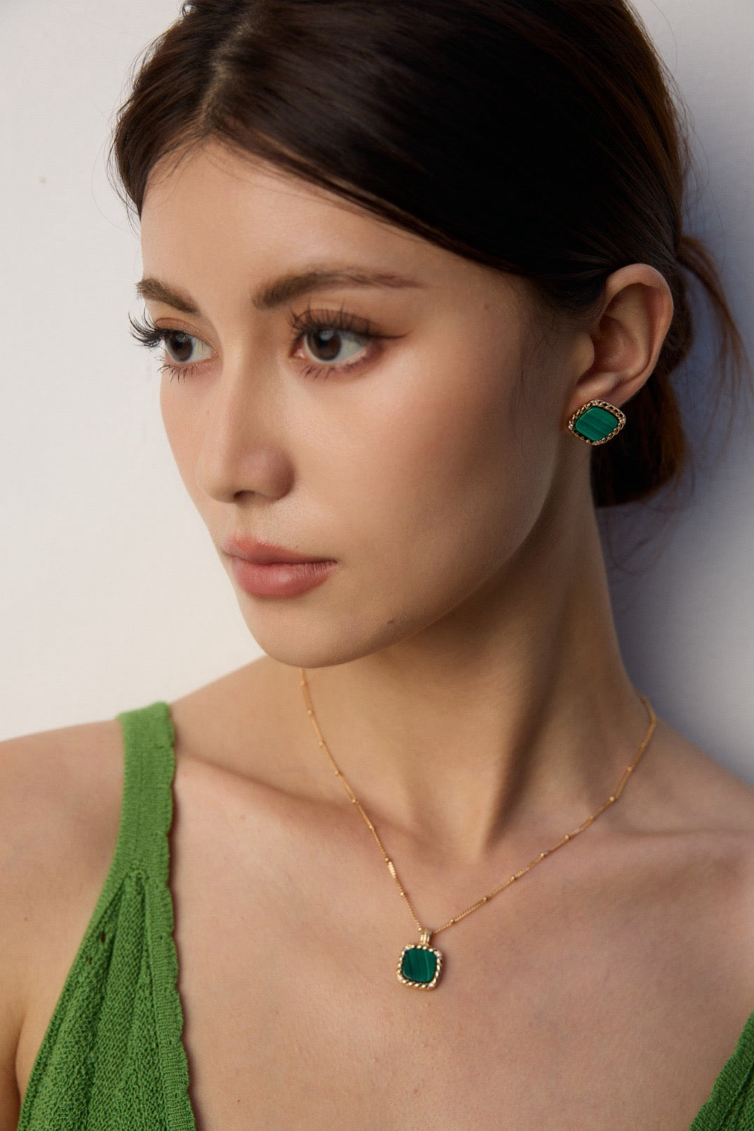 Vintage Gold Malachite & Zircon Pendant Necklace